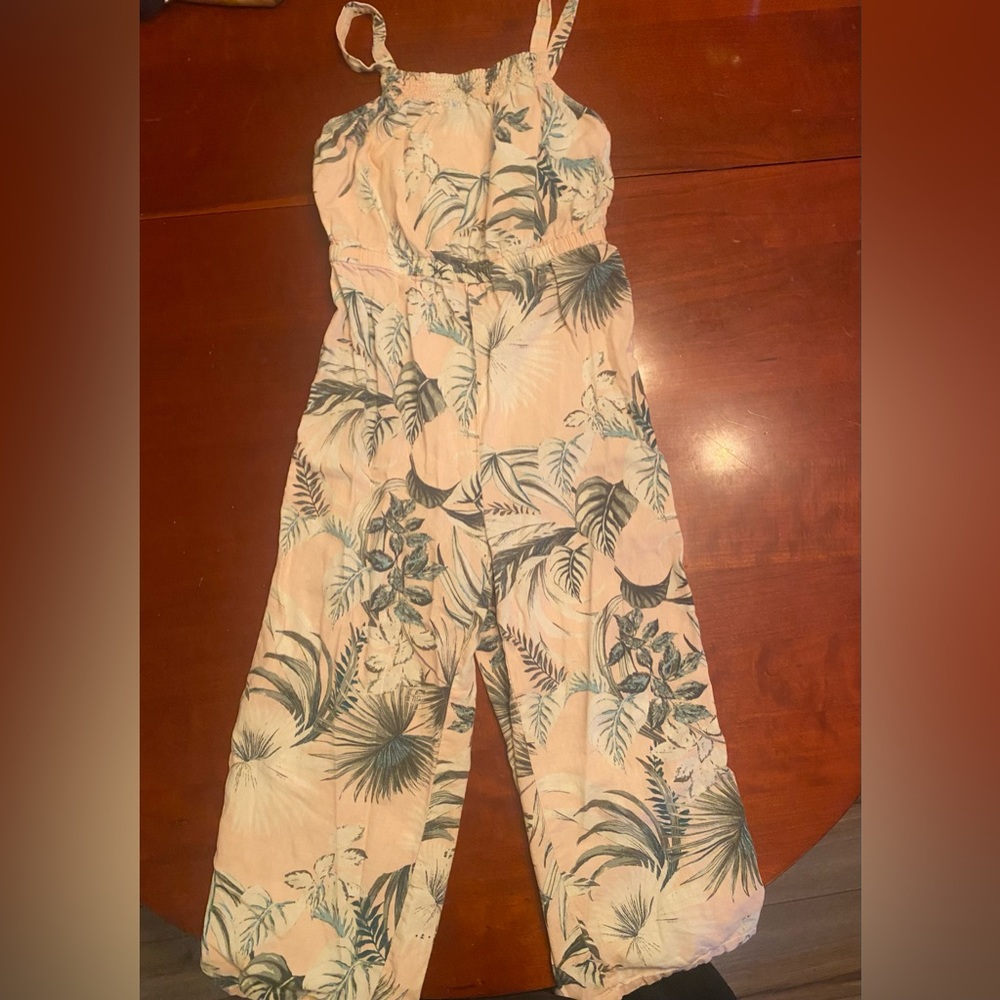 Girls spaghetti strapped romper, palm tree print